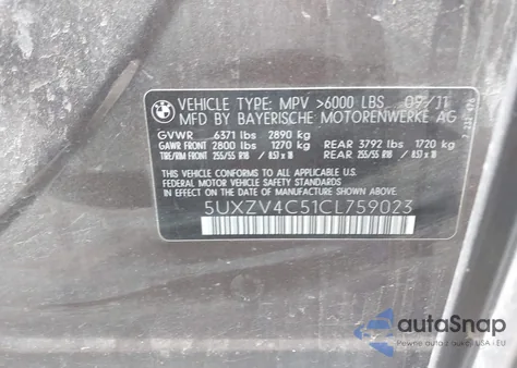 2012 BMW X5 xDrive35I/xDrive35I Premium/xDrive35I Sport Activity z USA, uszkodzony, nr VIN 5UXZV4C51CL759023